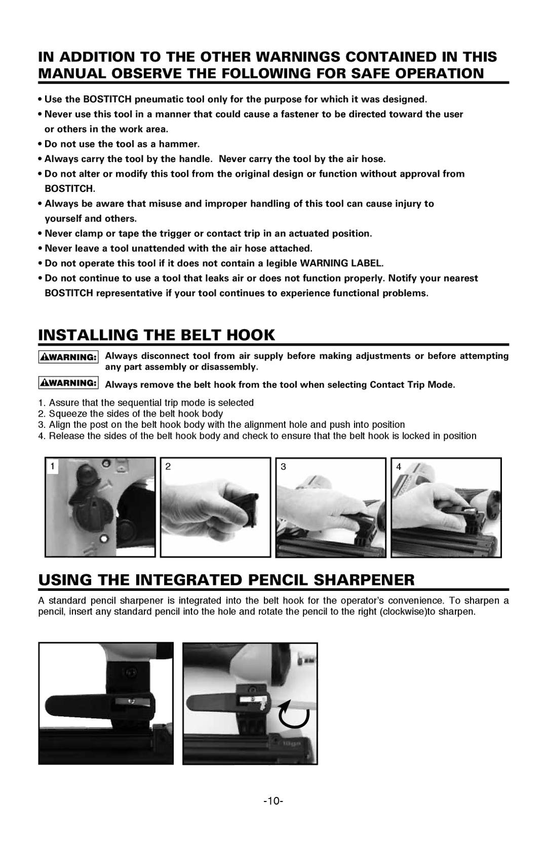 Bostitch BTFP12233 manual Installing The Belt Hook, Using the Integrated Pencil Sharpener 